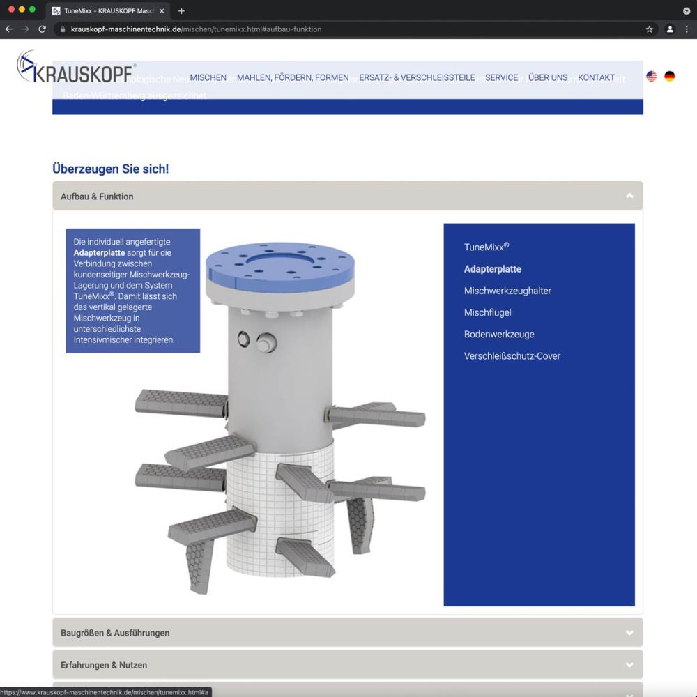 Screenshot Teile von der KRAUSKOPF Maschinentechnik Webseite