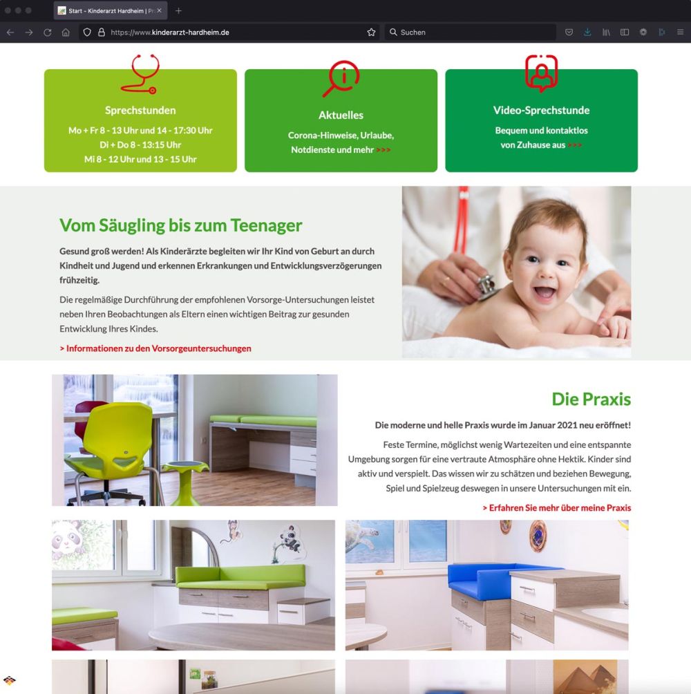 Screenshot der Bereiche auf der Webseite der Kinderärztin Hardheim