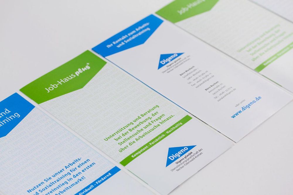 Blaue und Grüne Elemente auf den Flyern der Digeno