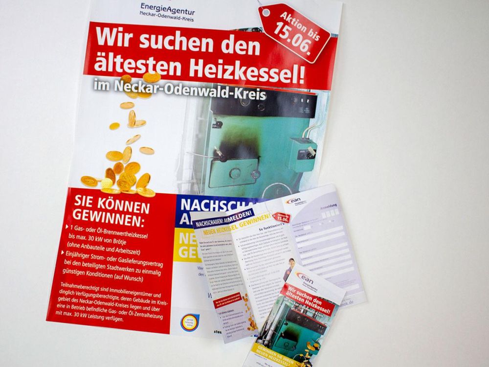 Flyer, Poster und Kärtchen für die EAN zur Suche nach dem ältesten Heizkessel
