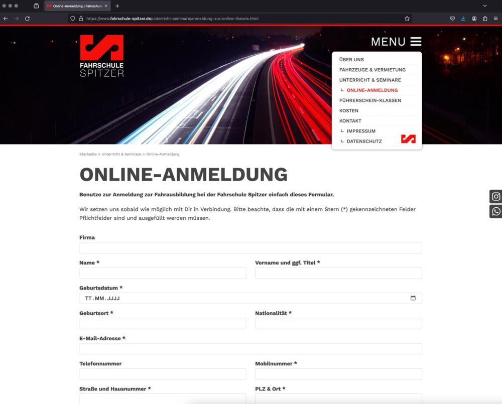 Screenshot Online-Anmeldung