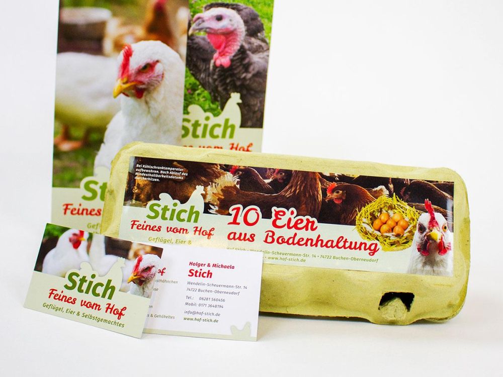 Flyer, Visitenkarten und Aufkleber Eierkarton