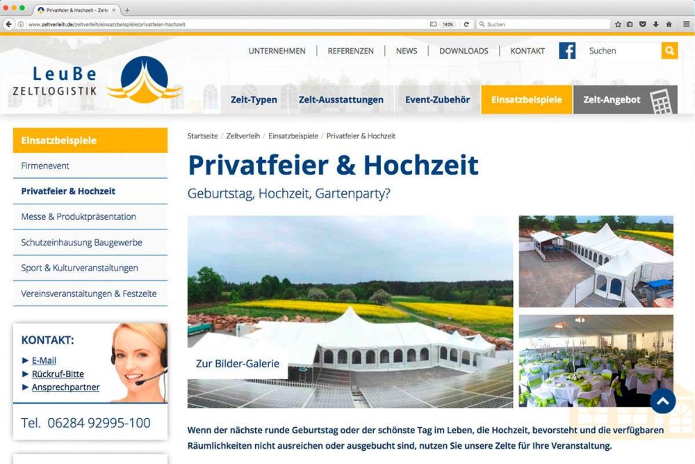 Zeltbereich auf der Webseite