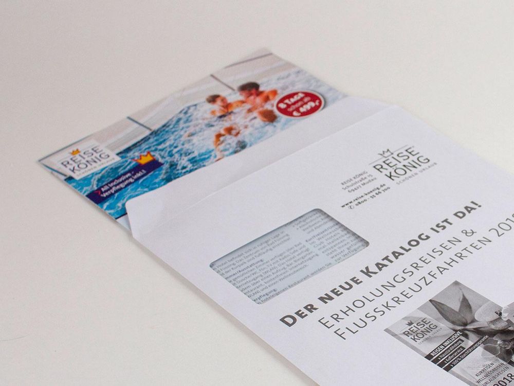 Werbeheft und A4 Briefumschlag für Reisekönig