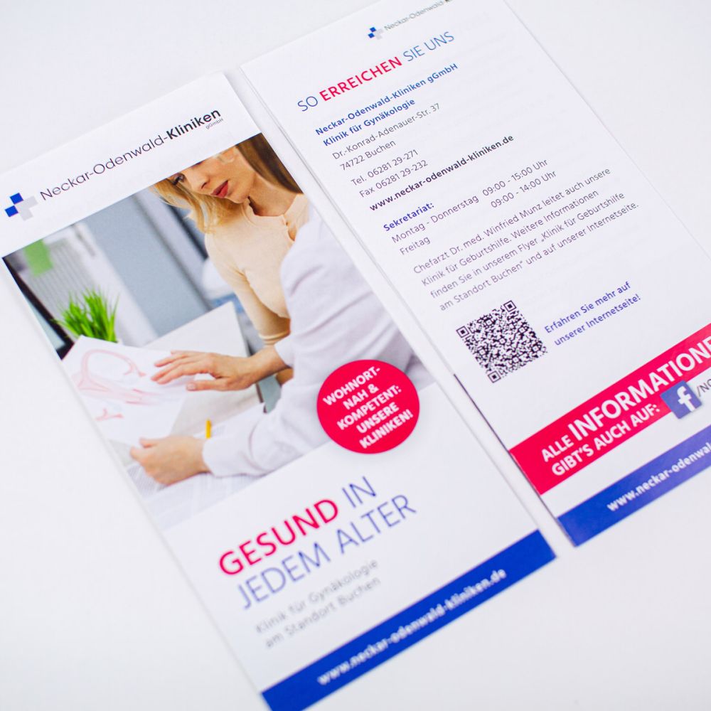 Vorder- und Rückseite eines Flyers für die Neckar-Odenwald-Kliniken