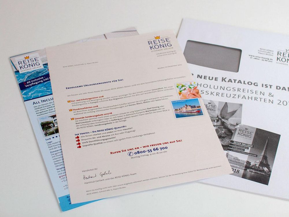Mailing, Werbung und Briefumschlag für Reisekönig
