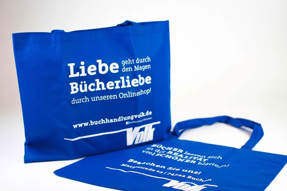 Blaue Stofftasche für die Buchhandlung Volk