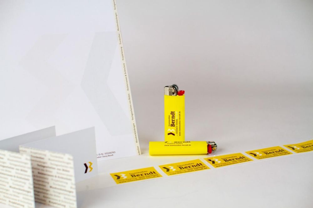 Briefbögen, Visitenkarten, Aufkleber und Feuerzeuge für Innenausbau Berndt