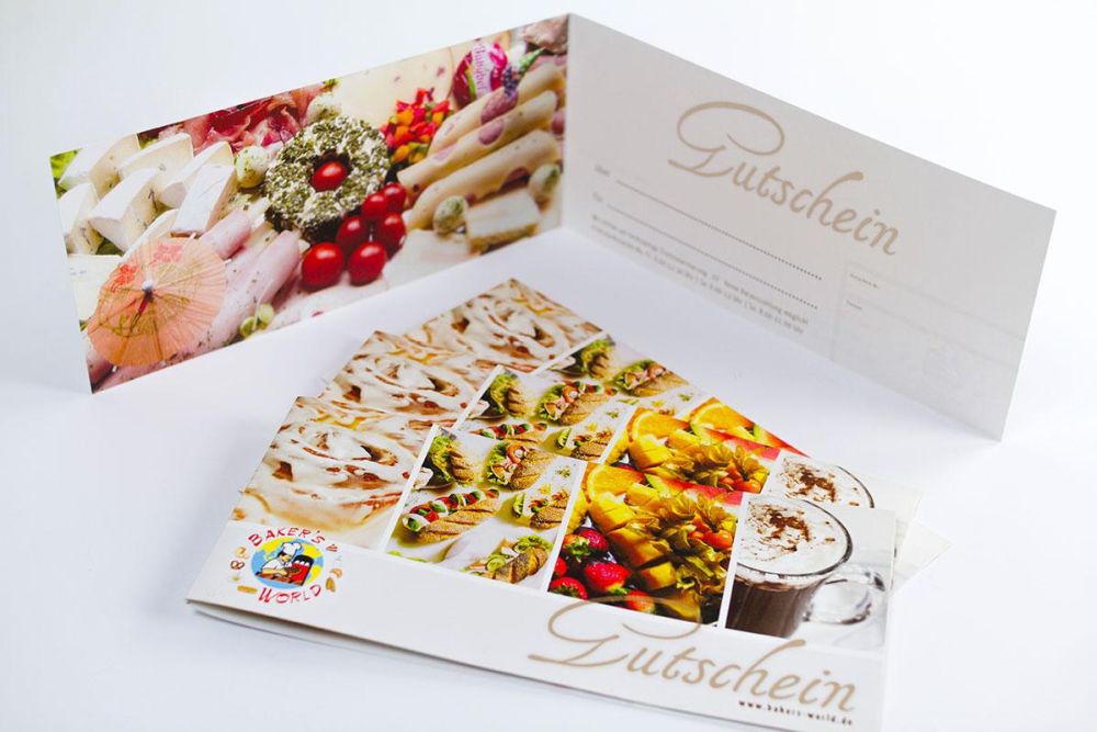 Klappgutscheine mit Beispielanrichtungen für BakersWorld Buchen