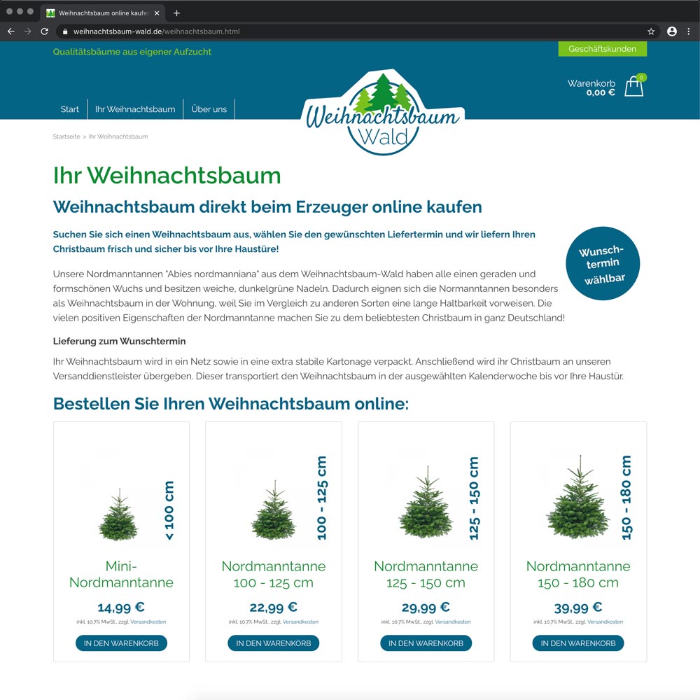 Produkauswahl im Weihnachtsbaum Shop