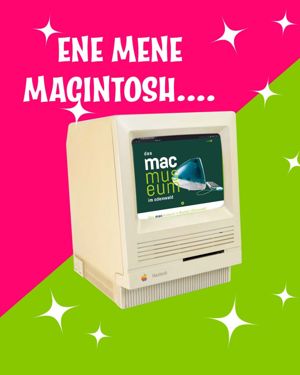 Macintosh Bild mit MacMuseum Webseite mit Aufschrift Ene Mene Macintosh in Bibi Blocksberg Schrift und mit pink-grünem Hintergrund