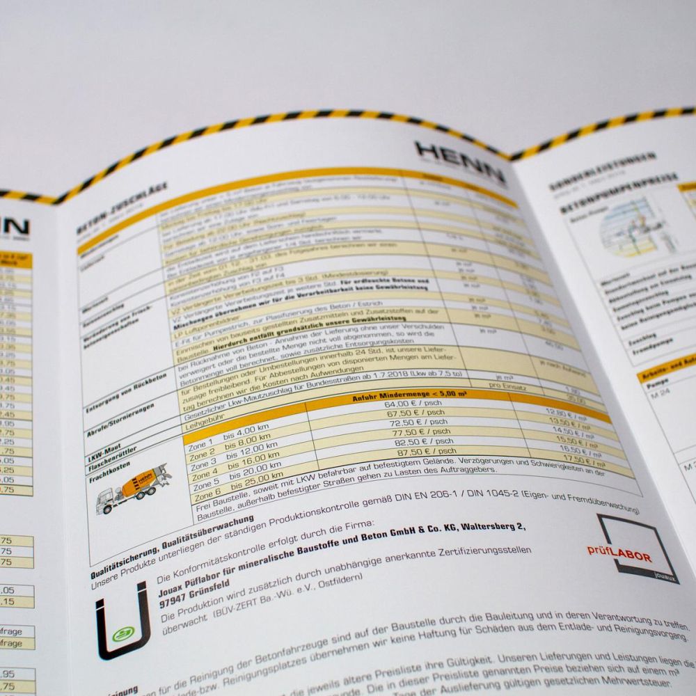 Preisliste im Prospekt