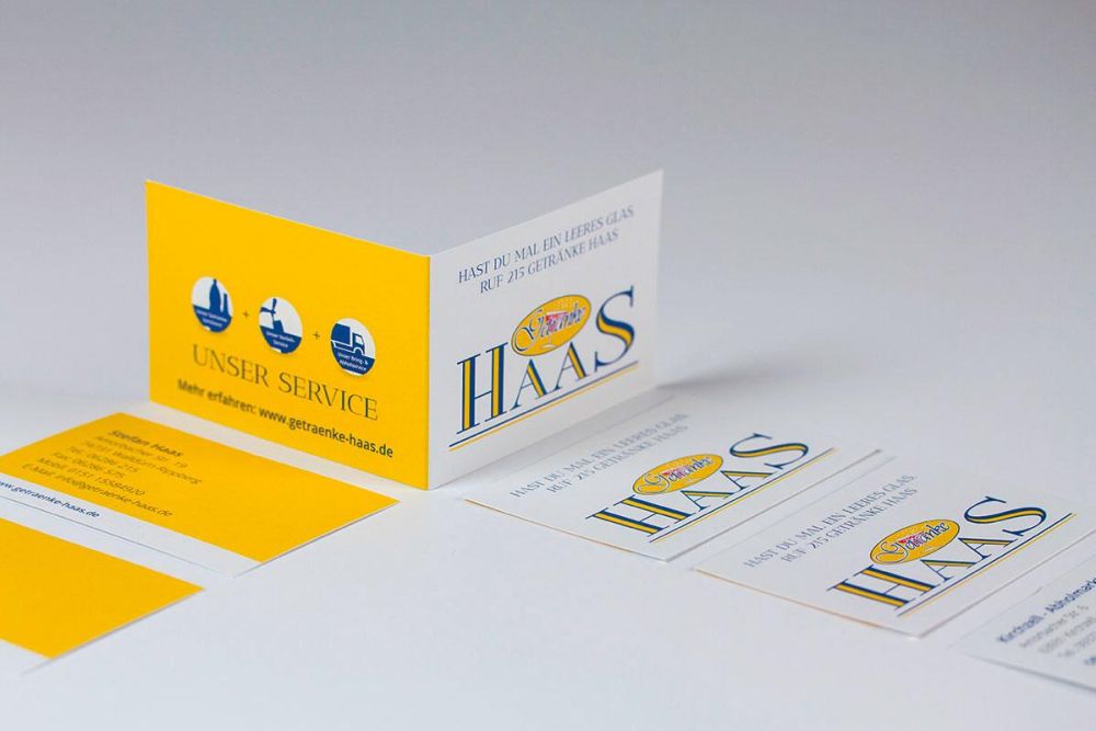 Klappvisitenkarten im Corporate Design für Getränke Haas