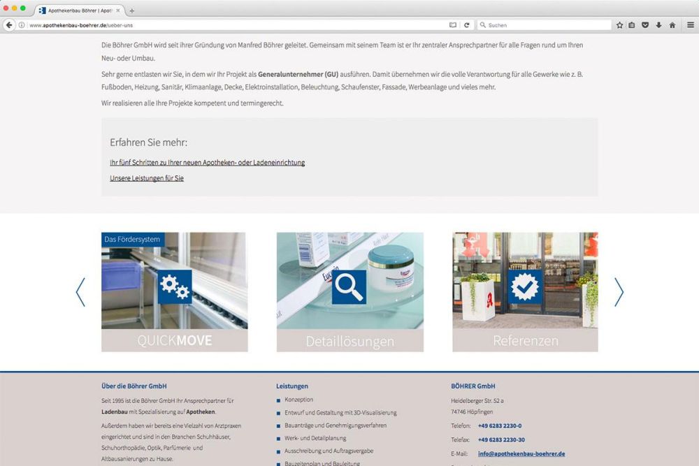 Informationen auf der Webseite von Apothekenbau Böhrer