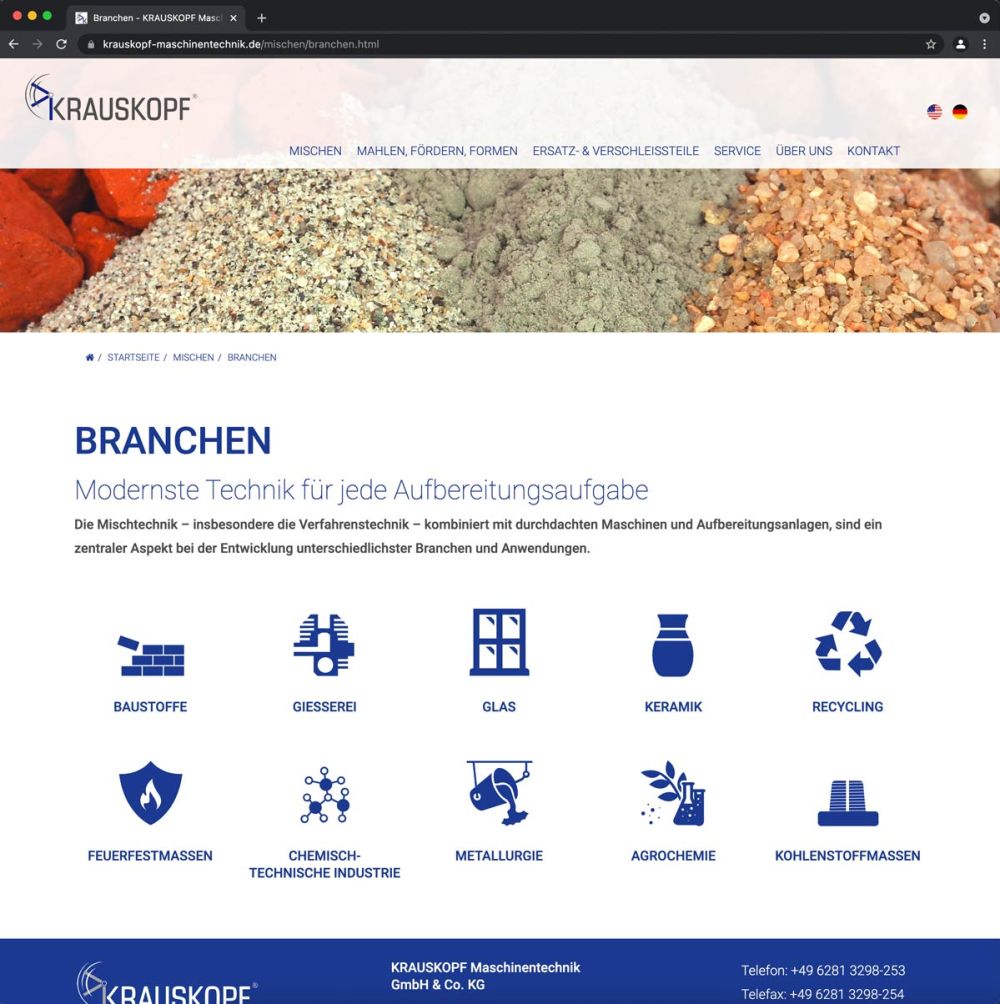 Screenshot der Branchen auf der Webseite