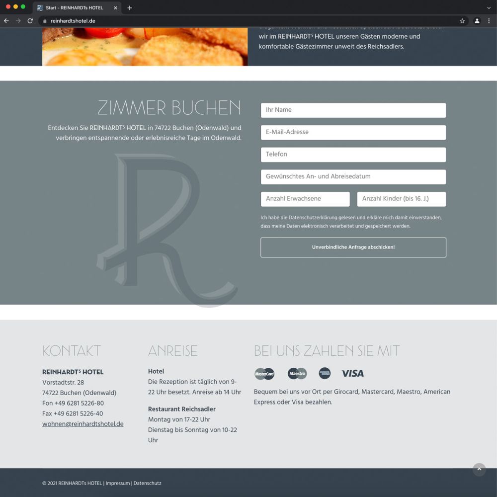 Webseite Reinhardts Hotel, Kontaktformular