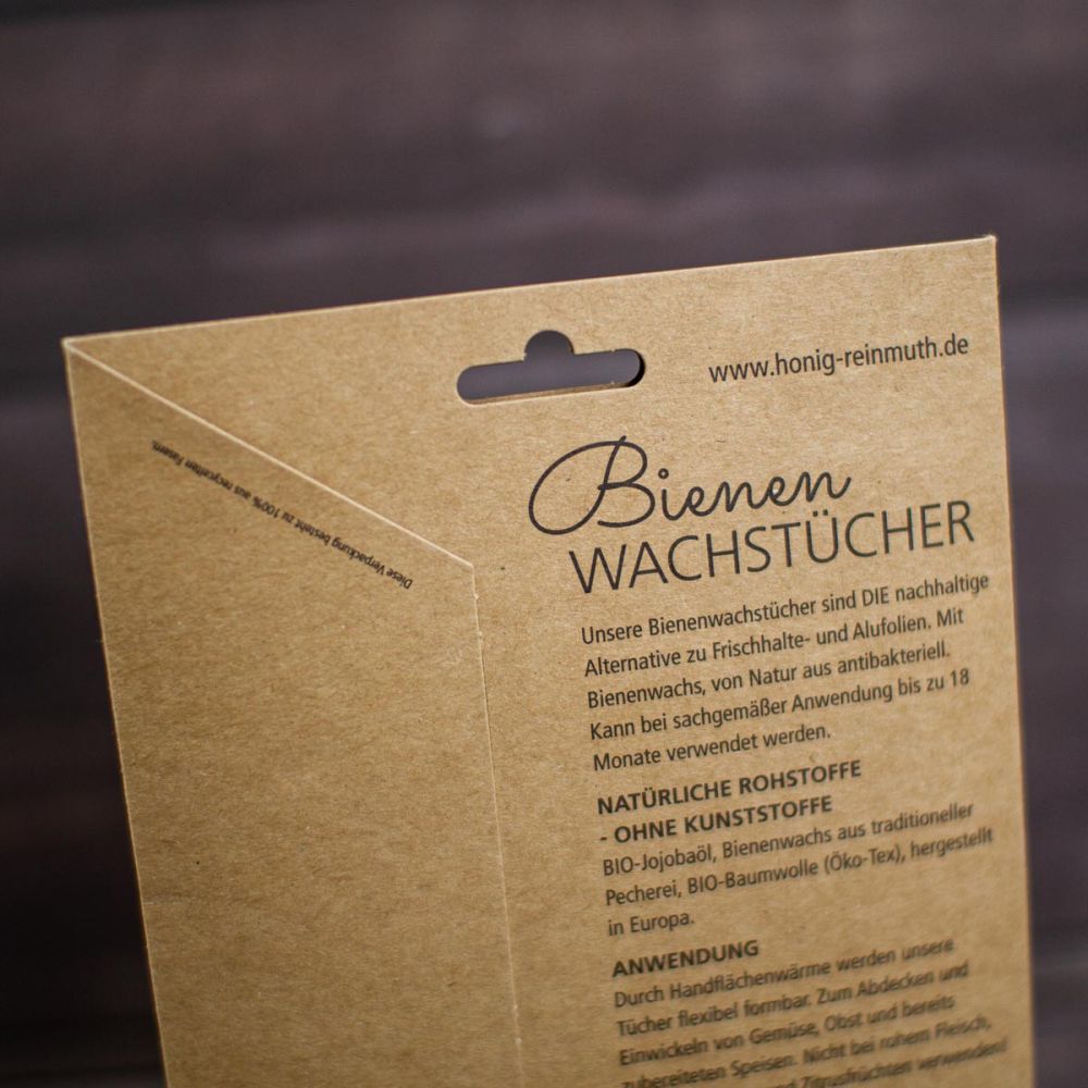 Rückseite der Verpackung mit Beschreibung der Bienenwachstücher